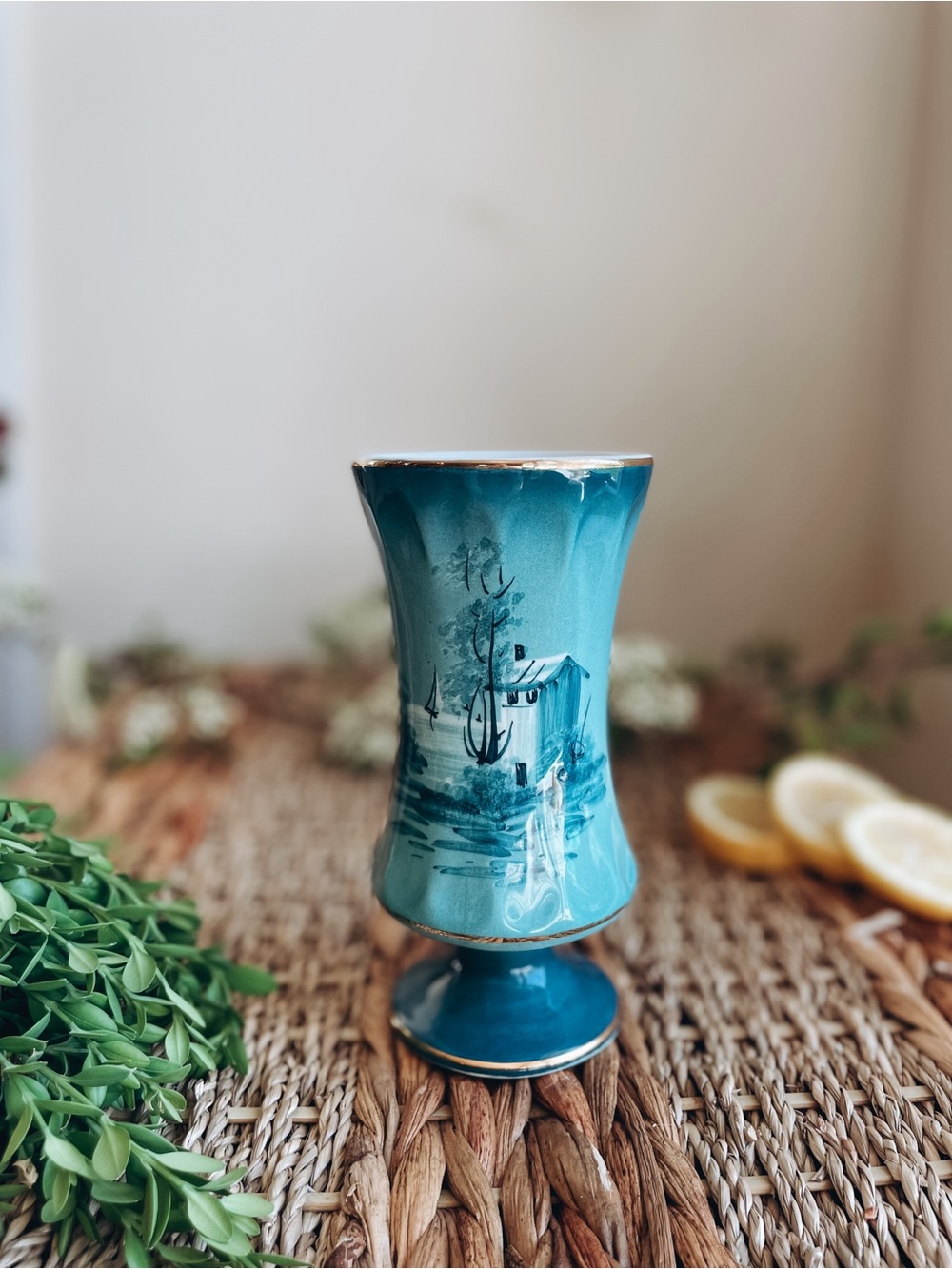 Vintage Hand-painted Pedestal Portuguese Vase
